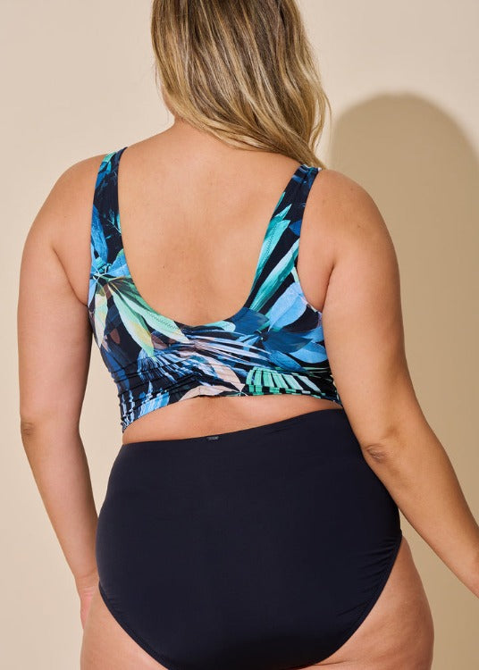 The figure-fabricator! Rock your hottest look at the beach in this most-wanted, size-fit-for-all suit. This sassy leaf-wrap top with classic-cut bottoms featuring darling cutouts enhances your beguiling curves while giving tummy control at the front. Detachable cups, tummy-taming lining at the front, inside support. Cross over and cut-outs, lined at the back, regular leg, and regular rear coverage - a bikini you can't beat!