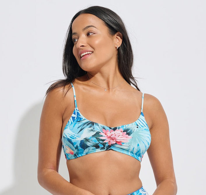 Everyday Sunday Blue Tropical Front Shirred Bralette Bikini Set  Keep it easy and chic in this soft bralette that will always be in style.  Removable cups Adjustable straps V-shape front Back hook Shirring at front A smooth, sexy fit with an elongating high-leg cut.