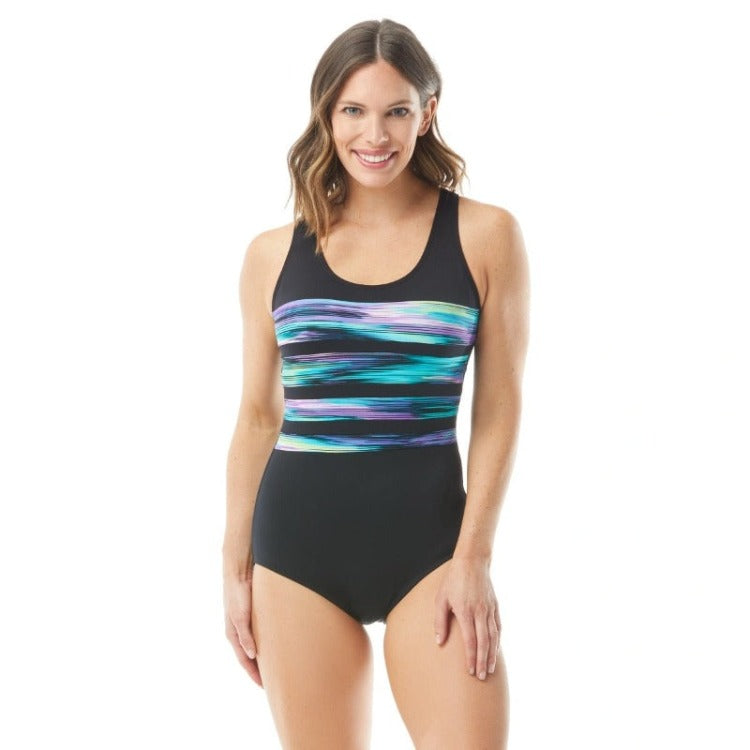 A stylish one-piece! Gabar's Scoop Neck One Piece features a scoop neck, open back, tummy control and a stay-put leg. Its Hydrofinity fabric offers chlorine resistance and UPF 50+ protection. Plus removable soft cups & a silicone strip for extra support. Quick-drying, perfect for aquatic activities!