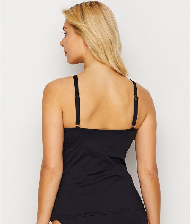 A beautiful basic black swimsuit offering full bust support with a push up effect underwire and removable bust enhancing pads. The crossover detail drapes to the hip providing flattering coverage. This tankini is paired with a ruffled skirted bottom that sits just below the waist which is both feminine and modest while minimizing the hips.  