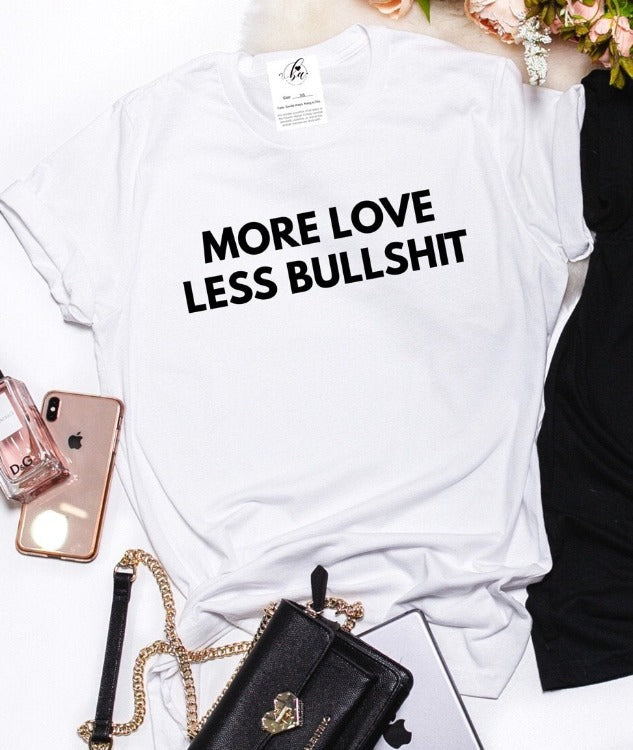 Express yourself in our 'More Love Less Bullshit' Tee! Perfect for anyone wishing to make a statement, with its relaxed and unisex fit you can tuck it, tie it or wear it loose to show your love. Plus, a portion of the proceeds goes toward helping those in need. Spread the love and spread the word today! ❤️