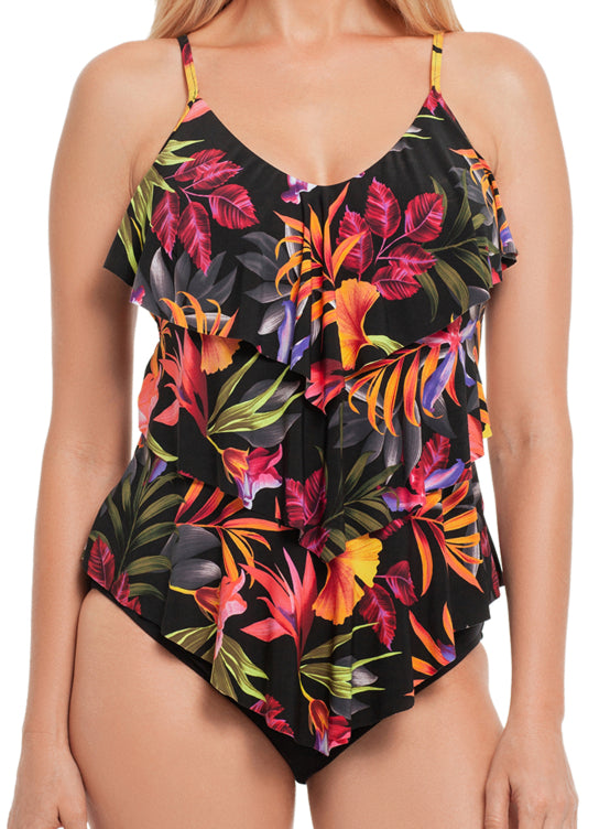 Head to the beach with confidence wearing the Rita Tankini from Magicsuit Oasis! This classic tankini is triple-tiered to slim down any figure, and adjustable straps lead to a full straight back. With gorgeous shades and a stunning print of palms and florals designed to camouflage any flaw, you'll be ready to soak up the sun in style and comfort. Plus, it's made with MAGITEX® fabric for allover slimming control and can accommodate up to a D-cup! Tres chic!