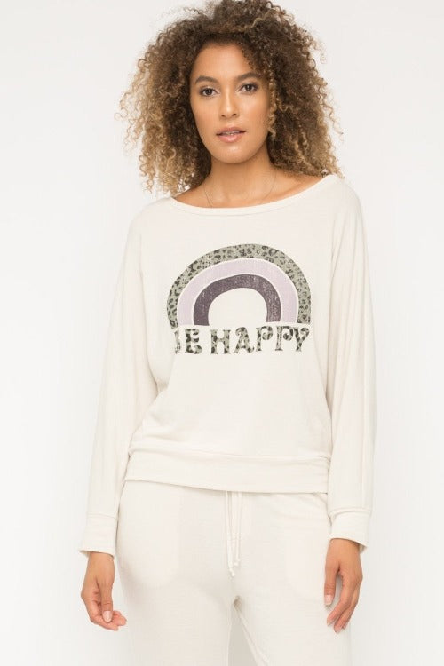 Lounge like a boss in the Be Happy Lounge Shirt - the luxurious top that's gonna take your chillaxin' to a whole new level. This classic scoop neck features subtle balloon sleeve details to show off your style. And with its cuffed sleeves and body, you'll look super fly while kickin' it low-key. Wowza!