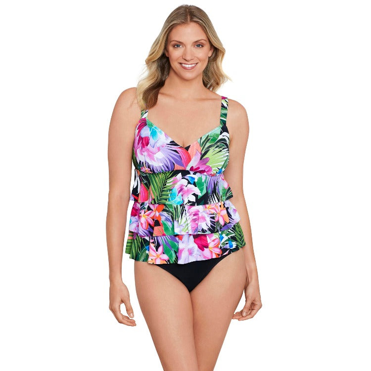 Look chic and feel confident in this Penbrooke Triple Tier Tankini Set! The sweetheart neckline and soft cups offer an attractive silhouette, while the triple tiers of ruffles and multi-print design make this the perfect pick for any beach day shenanigans. Plus, adjustable straps give you the custom fit you deserve. Get ready to strut your stuff!