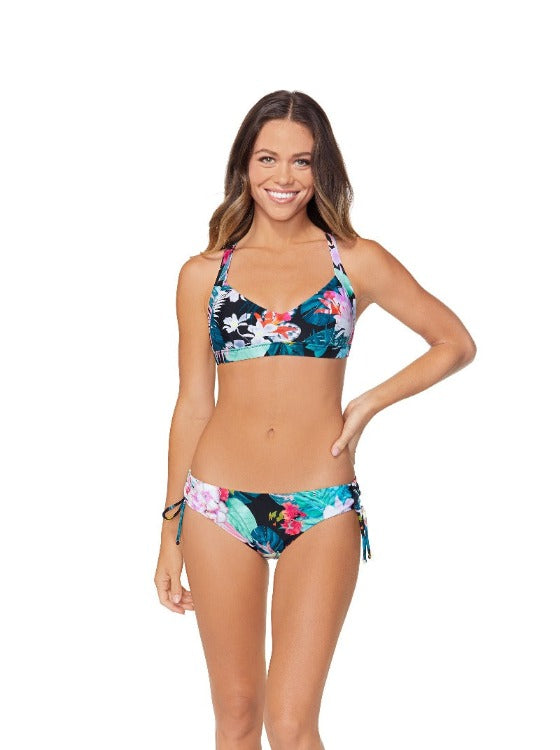  Be the heart of the shore in this stunning bikini! The bralette-style top with removable pads crisscrosses and ties at the back for an awesome fit, while the hipster bottoms provide moderate coverage at the hips and backside. This swimsuit is the perfect pick for all your aquatic adventures, featuring a fun Hawaiian tropical print!      J710233 / J10220R
