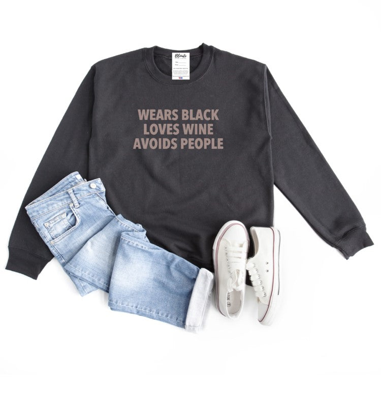 Be comfy and cute in our Wears Black, Loves Wine, Avoids People Crewneck Sweater! This snuggly blend of 50% cotton and 50% polyester swaddles you in warmth safe from dog-snuggles and people-avoiding. Show your love of wine (or at least your love of saying you love wine) all while looking stylish.