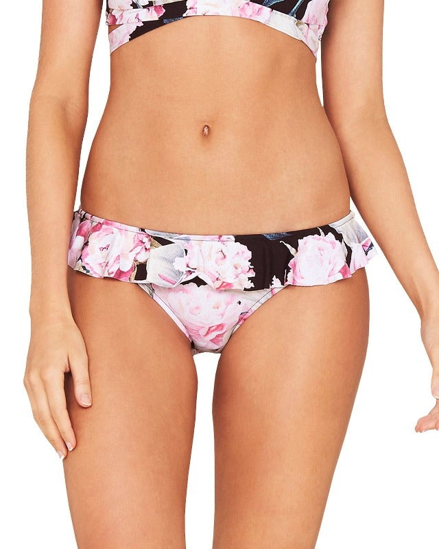 Baku Swimwear Belle Cold Shoulder Bikini Set  This suit is absolutely adorable with frills everywhere. It comes in a black accented and a blush background with beautiful pink florals.