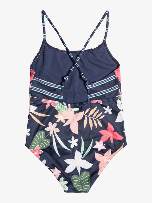 Let the Vacay For Life begin! Send your little girl out for seaside fun with the Roxy Vacay Life One Piece Swimsuit. This colorful navy, floral and striped look is made of chlorine-resistant recycled fabric which is both soft and stretchy. With adjustable ring and slider straps that crisscross at the back, this full-coverage one piece will look as sweet as your girl does!     ERGX103151