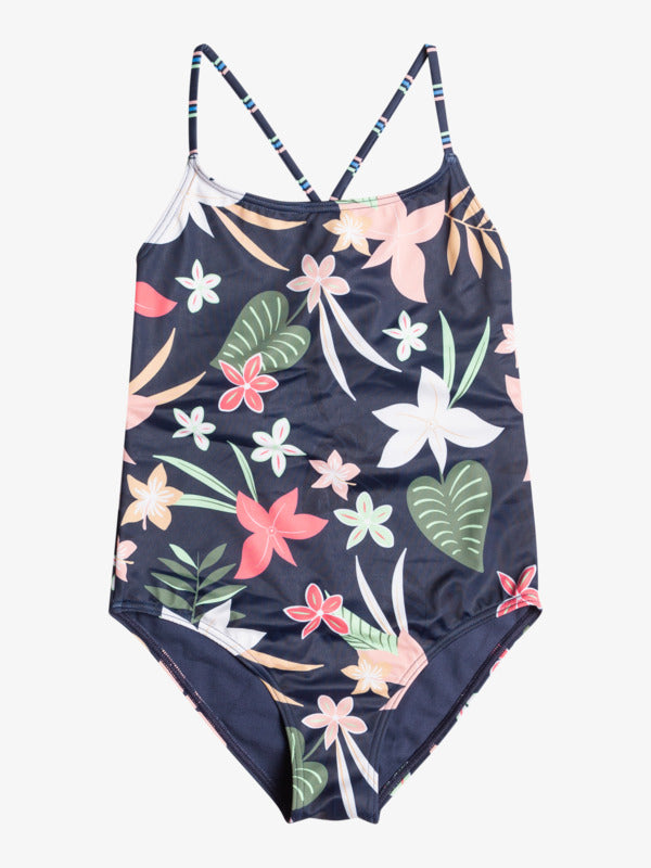 Let the Vacay For Life begin! Send your little girl out for seaside fun with the Roxy Vacay Life One Piece Swimsuit. This colorful navy, floral and striped look is made of chlorine-resistant recycled fabric which is both soft and stretchy. With adjustable ring and slider straps that crisscross at the back, this full-coverage one piece will look as sweet as your girl does!     ERGX103151