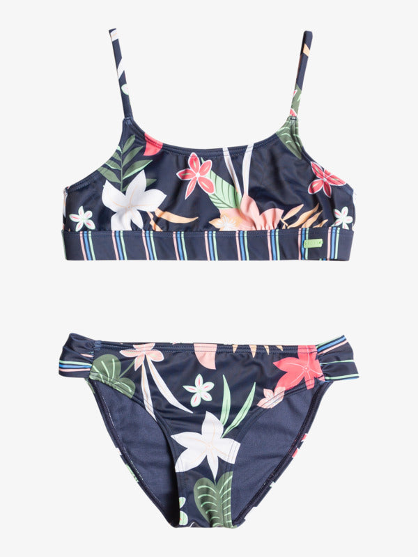 Send your girl on an island getaway with the Roxy Vacay Life Bralette Two Piece Bikini Set! Made from a stretchy/chlorine-resistant blend of recycled fabric, this fun and flirty swimsuit is beach-ready, boasting an eye-catching navy, floral and striped design, adjustable straps, and removable cups for 12-16 year-olds. Seize the summer and let the good times roll!    ERGX203481