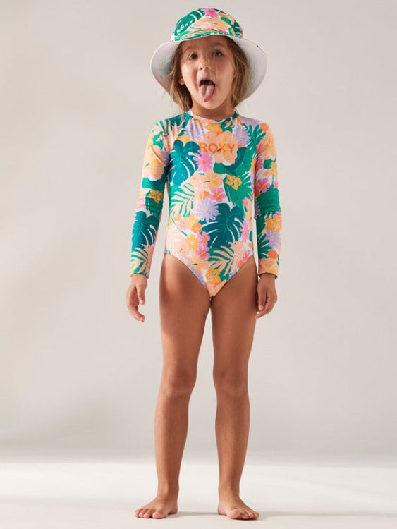 Jump into wild beach fun with our Paradisiac Island Long-Sleeve Rashguard! Eco-friendly fabric is soft & strong, w/ chlorine resistance & full coverage. Features ROXY's signature print & logo. Get your Girls 2-7 Rashguard today!