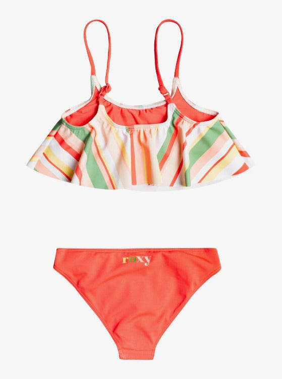 Get ready for a day of summer fun in the Stripe Flutter Bikini Set from the Stripey Sky Collection. Crafted from sustainable REPREVE™ fabric, this feel-good flutter top offers hours of stretchy comfort. Plus, it comes with beachy keen stripes and a cool ROXY screen print on the front. Paradise here you come!    ERLX203132