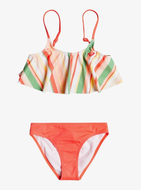 Get ready for a day of summer fun in the Stripe Flutter Bikini Set from the Stripey Sky Collection. Crafted from sustainable REPREVE™ fabric, this feel-good flutter top offers hours of stretchy comfort. Plus, it comes with beachy keen stripes and a cool ROXY screen print on the front. Paradise here you come!    ERLX203132