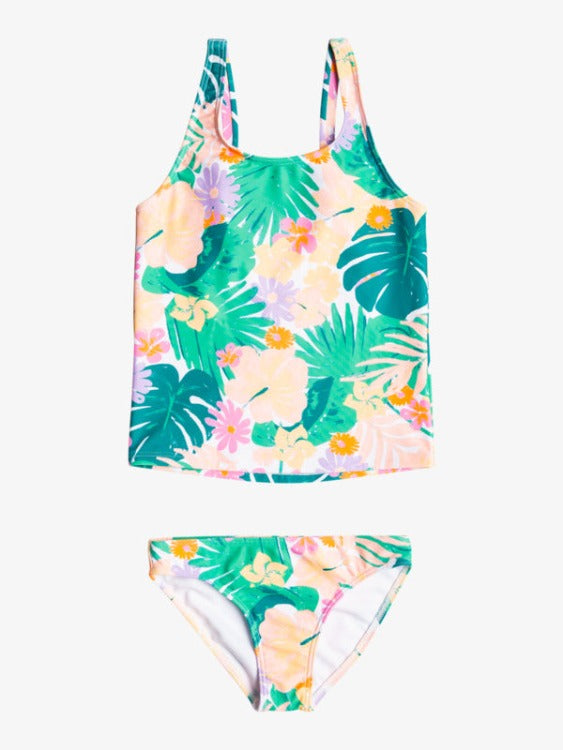 Stretchy, chlorine-resistant fabric in an earthy hue and a tankini set make the ROXY Paradisiac Island Girl's 2-7 Tankini stylish & comfy. Score bigtime! Fixed closure, full coverage, adjustable straps & a back logo.