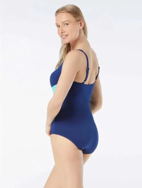 Gabar's Colour Block D-Cup Hi Neck One Piece offers aquatic fitness & comfort with a stay put seat for support & coverage. Enjoy a slimming look & confidence boost with a tummy control panel & removable soft cups. Features include adjustable straps, a gripped silicone strip & a Hydrofinity fabric with chlorine resistance, UV protection & quick drying.  Fits up to a D cup.