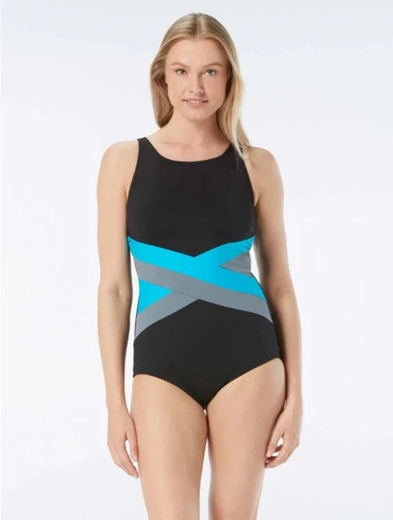 Gabar's Colour Block D-Cup Hi Neck One Piece offers aquatic fitness & comfort with a stay put seat for support & coverage. Enjoy a slimming look & confidence boost with a tummy control panel & removable soft cups. Features include adjustable straps, a gripped silicone strip & a Hydrofinity fabric with chlorine resistance, UV protection & quick drying.  Fits up to a D cup.