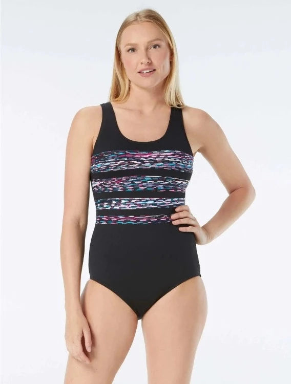 This awesome one piece is a classic with a sizzlin' twist. The Gabar Chlorine Resistant Scoop Neck One Piece Swimsuit features a printed front, scoop neckline, open back, and tummy control design that flatters and boosts your confidence. Fully lined with Hydrofinity fabric, it's chlorine-resistant with UPF 50+ protection. Soft cups provide support and the silicone strip keeps it in place during all your beach day fun. Look fabulous while enjoying 300+ hours of UV protection!