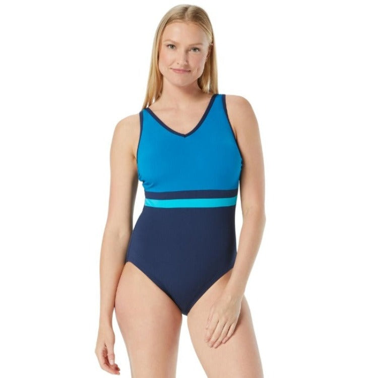 V-Neck One Piece Swimsuit offers UV 50+ Protection, Tummy Control Panels, Soft Cups for Support, Adjustable Straps, Gripped Silicone Strip, Ultra Conservative Leg Cut, Full Bottom Coverage and Quick Drying. Bold blue top, navy bottom and teal stripe enhance curves. Perfect for aquafit and lane swim!