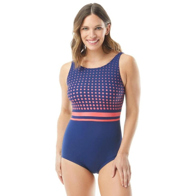 Look your best in this Polka Dot High Neck One Piece Swimsuit, with blue striped waist for a slimming effect. Tummy control grants you a confidence-boosting silhouette, while stay-put leg & high neckline keep you looking great. Hydrofinity fabric is chlorine-resistant for 300+ hours, breathable, and UPF 50+ protectant. Added benefits include tummy panel, removable soft cups & adjustable straps -customise your suit however you please! Plus it's quick-drying & grippin' good.