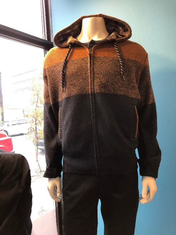 Long sleeve, full zip hooded sweater made from recycled polyester in a handsome textured striped knit. This stylish and comfortable sweater features an inside polar bonded lining throughout including the two side pockets. The fit is semi, full length sweater