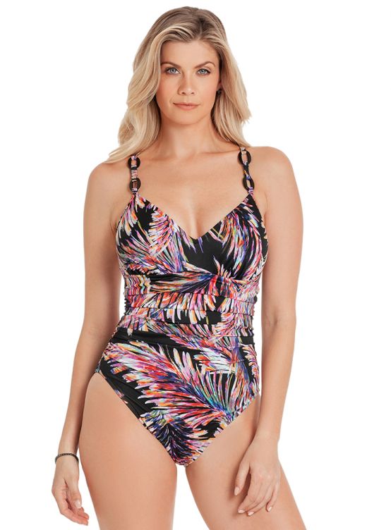 Make a splash in this Randal One Piece! Flirty crossover straps with loop accents lead down to a figure-flattering v-neckline and panels for tummy control. A removable soft cup bra and higher cut leg-line provide full coverage and create the illusion of longer legs. Swimming never looked so chic!
