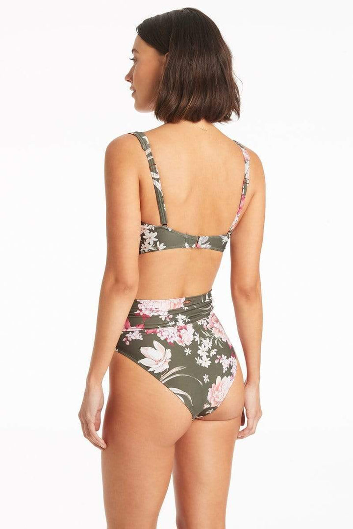 Sea Level Martini Twist Front Bandeau Wrap High Waist Bikini  Style # SL3074MR / 4537MR  With vibrant garden florals set against the deep, dark backdrop of Khaki and Black, your statement Summer mood has arrived.  Removable padded inserts Adjustable, convertible & removable straps Side boning Foam support in front Powermesh support