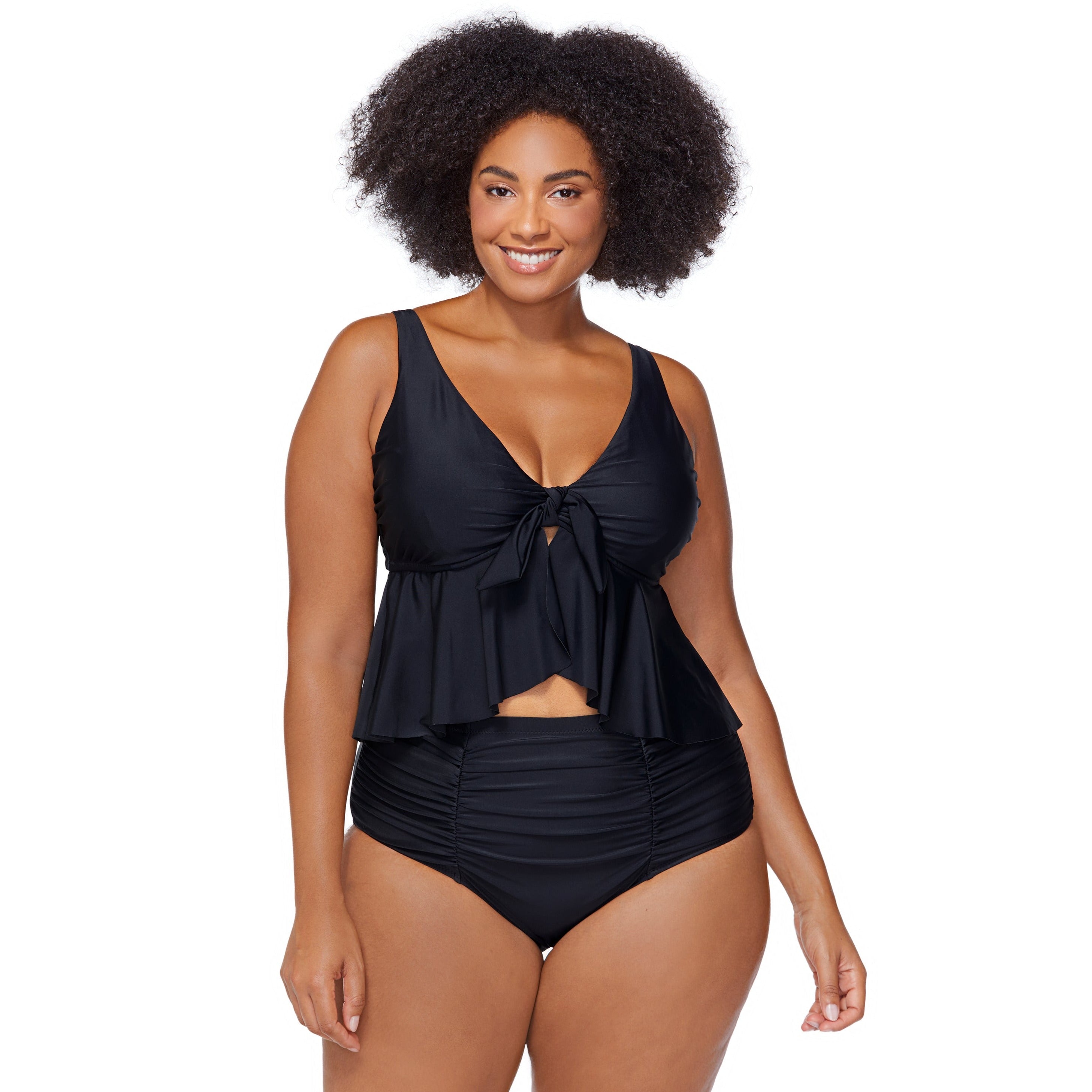  Swim with style and flirty confidence in this plus-size tankini set! With an underwire support and knot detail at the decolletage, you'll look and feel lifted and supported. Flattering frills center the bust and rose gold hardware add a touch of glam. High-waisted bottoms provide the perfect coverage for a look that'll give you the ultimate beach-babe vibes.     J840047 / 840061R + 